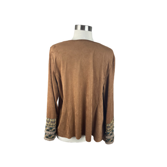 Soft Surroundings S Tan Faux Suede Open Front Sweater with Embroidery - Picture 3 of 4